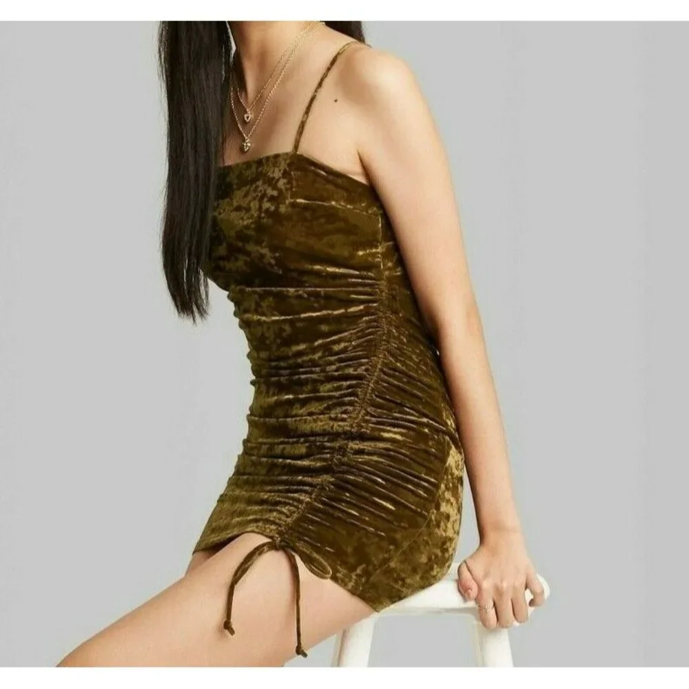Wild Fable Women's Ruched Slip Dress Spaghetti Straps Stretch Olive Medium - Picture 1 of 11